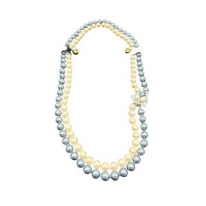 Prestige Faux Pearl Necklace Blue Cream Double Strand Rhinestone Clasp 20"